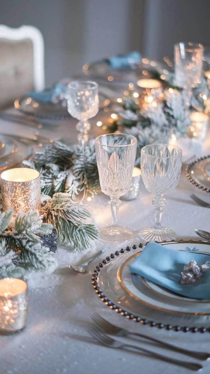 A winter wonderland table with silver and blue accents, frosted pine branches, shimmering candles, crystal glassware, and a snowy white tablecloth under soft, ambient lighting.