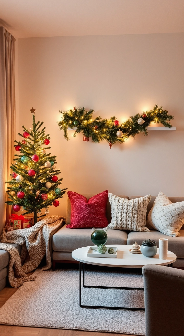 A cozy small living room for Christmas, featuring a compact tree with twinkling lights, a festive garland, knit blankets, plush pillows, and a tiny coffee table with holiday treats. Twinkling lights and seasonal decor create a warm, festive ambiance.