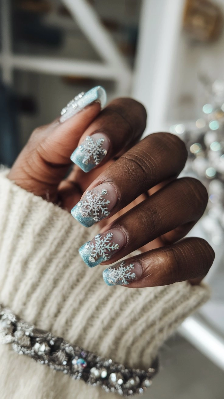 Frosty blue nails adorned with intricate snowflakes and sparkling rhinestones, set against a soft wintery theme.