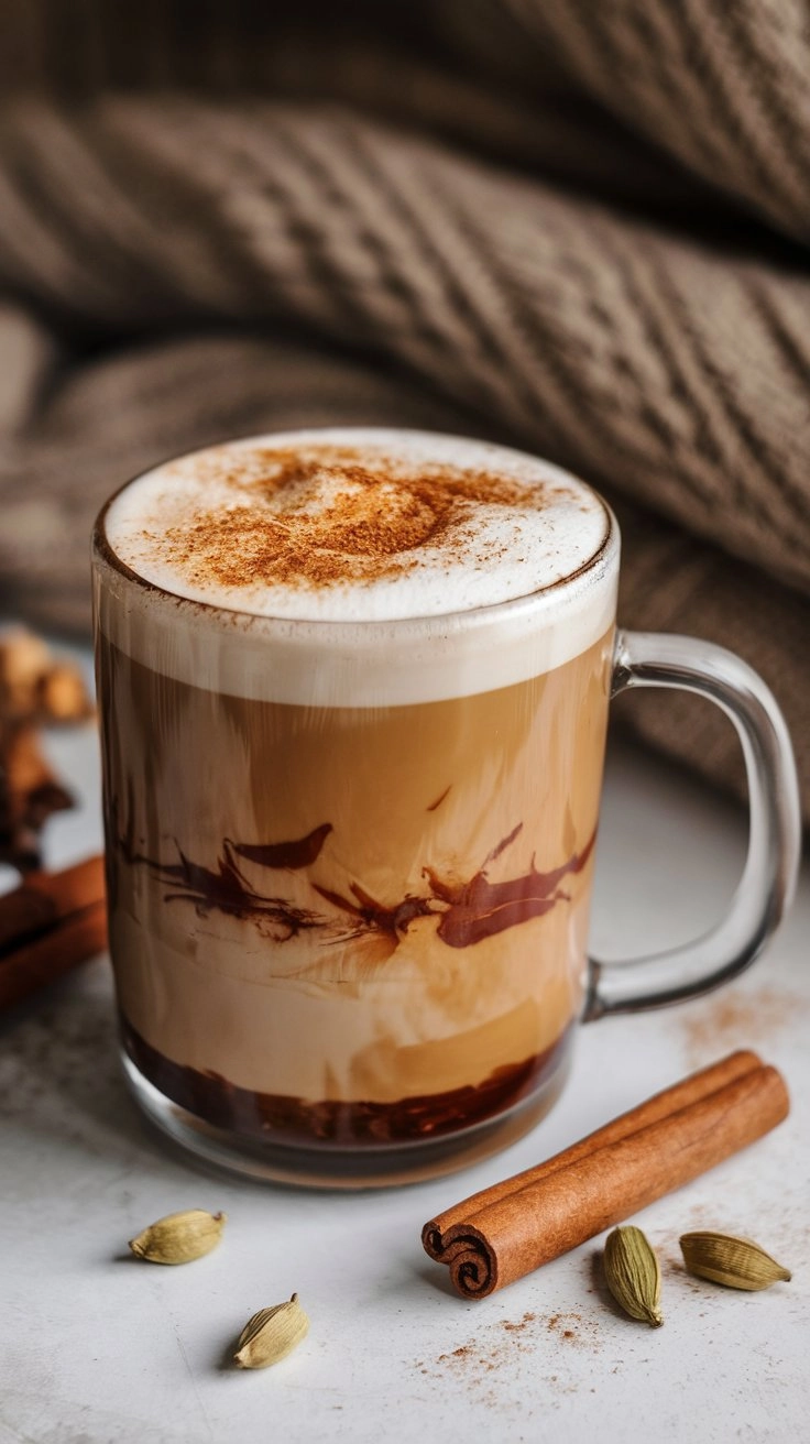 Spiced hazelnut latte with mixed spices and foam art