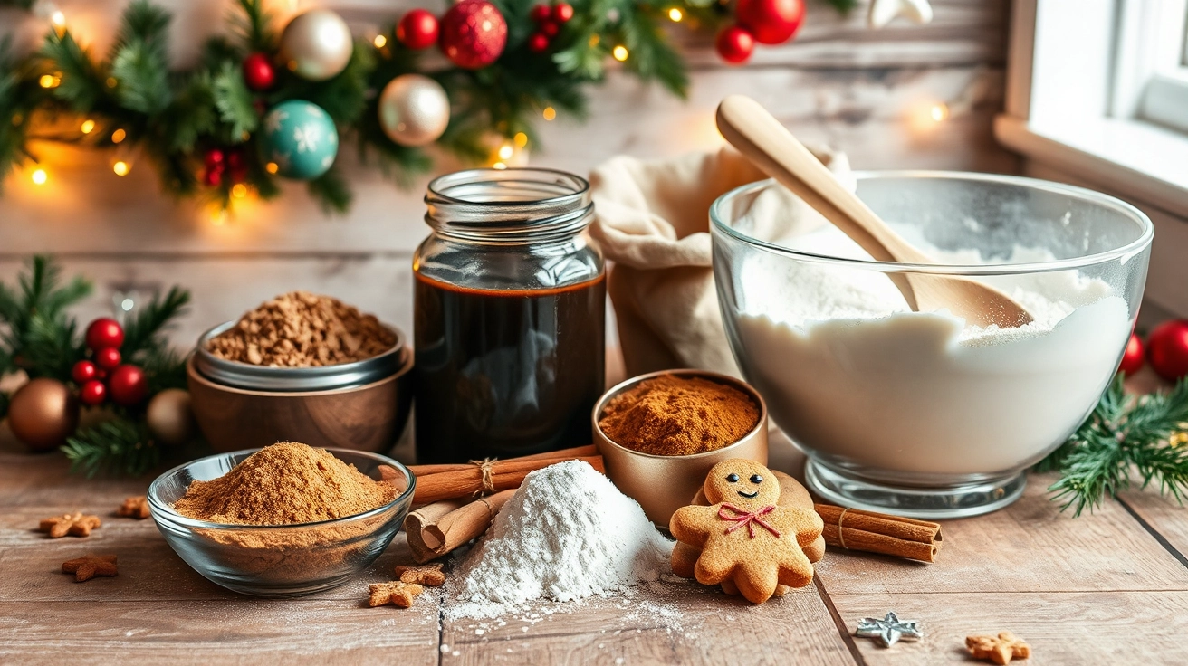 Festive gingerbread ingredients—ground ginger, molasses, flour, cinnamon, nutmeg, brown sugar, and a mixing bowl with a wooden spoon—on a rustic countertop with holiday ornaments and twinkling lights in the background.