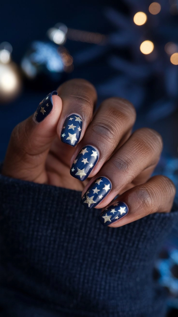 Deep navy nails with gold and silver stars creating a starry night effect, accented by a midnight blue sweater.