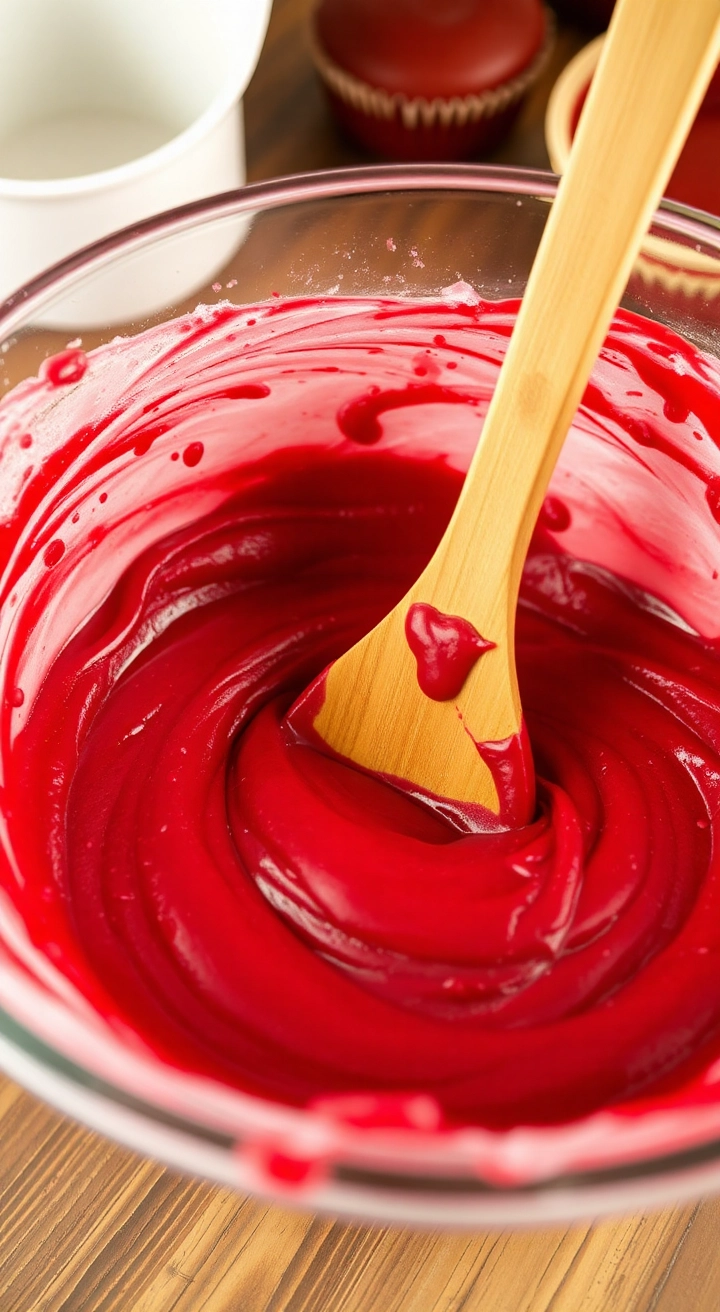 Close-up of glossy red velvet cupcake batter in a mixing bowl, showcasing its vibrant color and smooth texture, with a wooden spoon resting inside. A cozy kitchen atmosphere is hinted at in the softly blurred background.