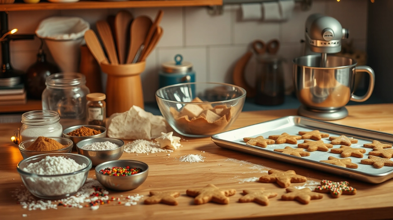 Cozy kitchen scene with gingerbread cookie ingredients, dough in a mixing bowl, cookie shapes on a baking sheet, and festive decorations like icing and sprinkles in warm holiday lighting.