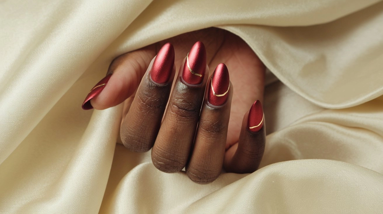 Christmas Nail Designs 2024: Red nails with metallic finish and glossy center stripe for a modern holiday style.