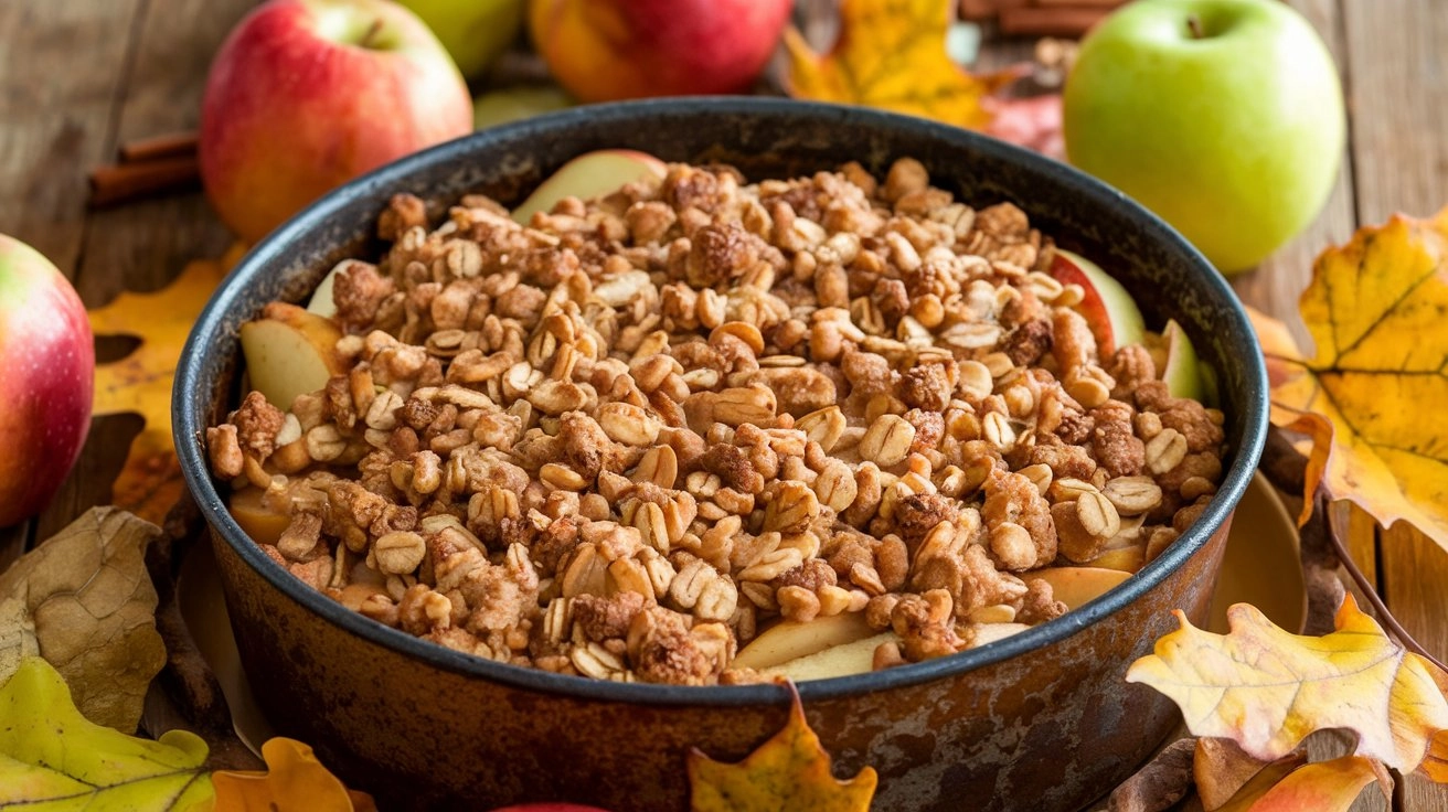 Golden-brown apple crisp with oat and cinnamon crumble in a rustic dish, surrounded by fresh apples and autumn leaves on a wooden table in soft natural light.