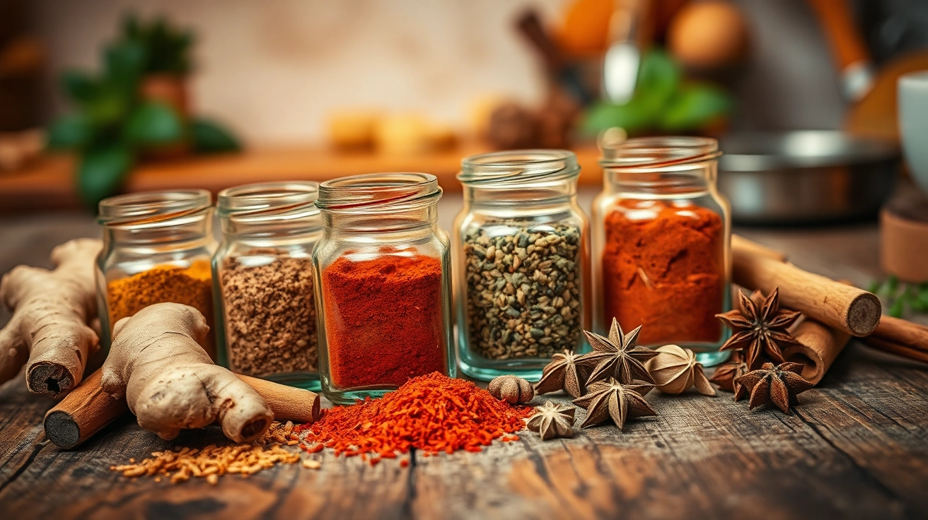 Close-up of vibrant spices in glass jars—ground ginger, cinnamon, nutmeg, and allspice—with fresh ginger root and cinnamon sticks on a rustic table in cozy, warm lighting.