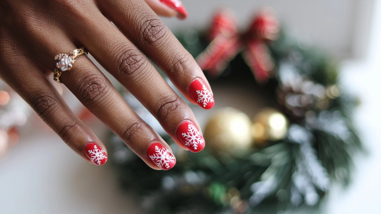 A close-up of a hand with short, natural nails painted bright red, featuring white snowflake designs on each nail. In the background, a slightly blurred Christmas wreath with a large red bow adds a festive holiday feel.