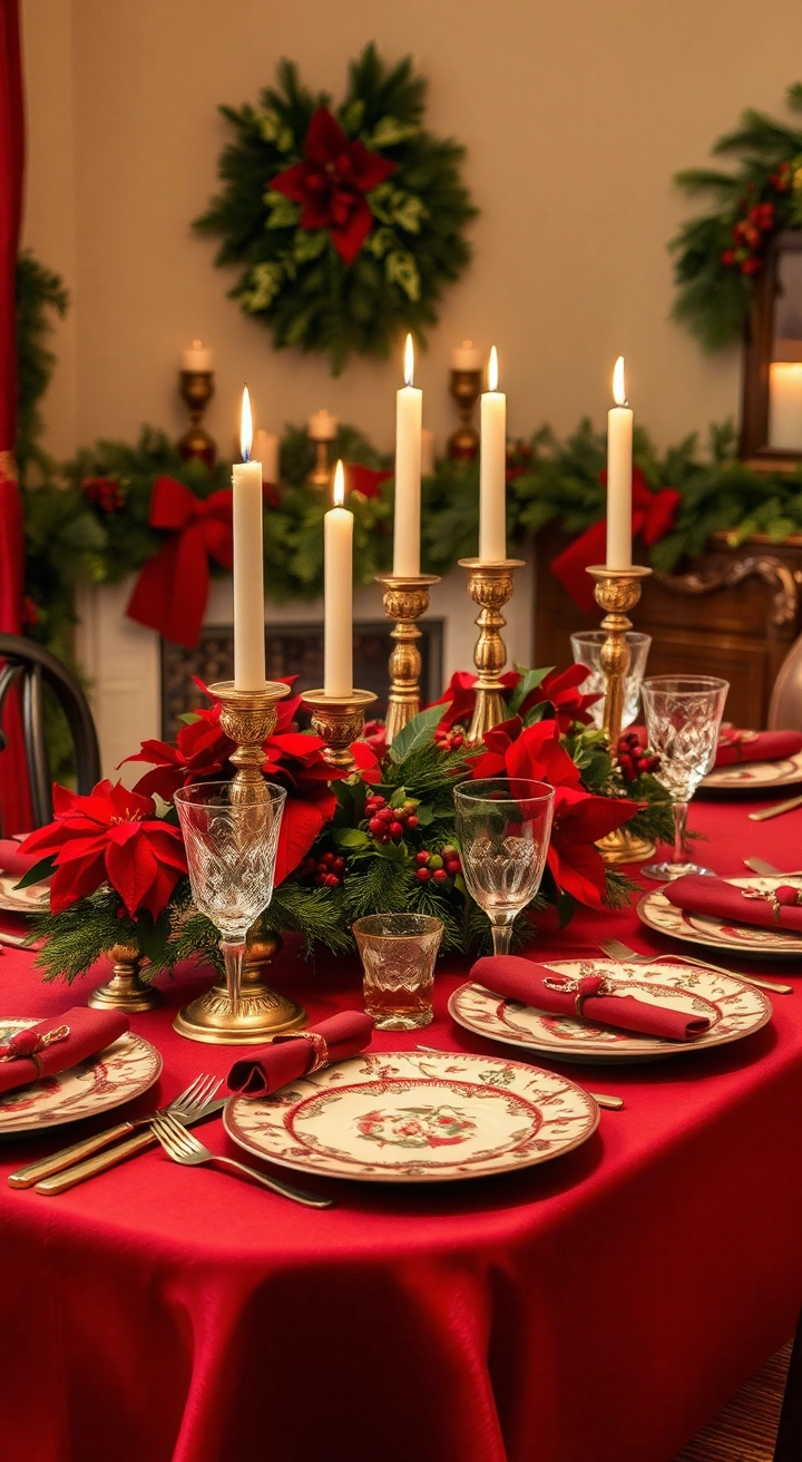 A traditional Christmas table with rich red and green decor, classic plates, poinsettia centerpiece, pine garlands, vintage candlesticks, and soft warm lighting for a cozy holiday feel.