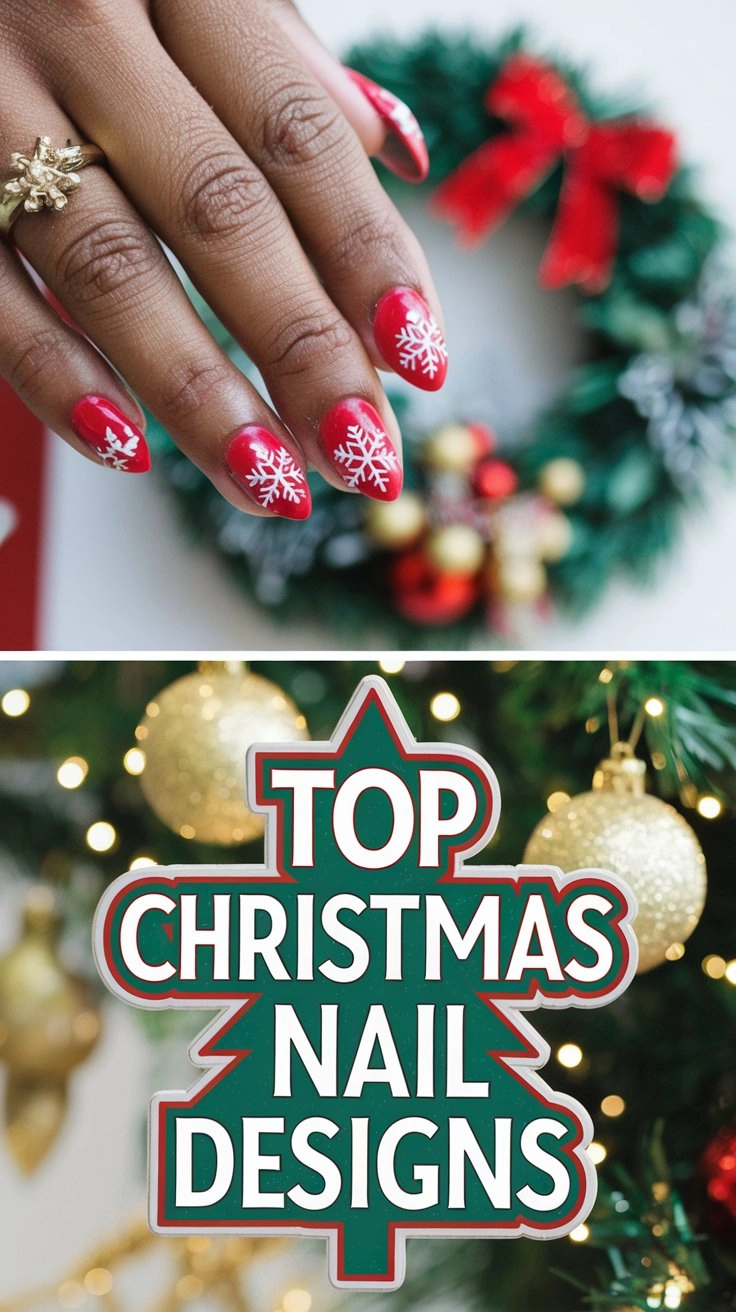 A close-up of a hand with short, natural nails painted bright red, featuring white snowflake designs on each nail. In the background, a slightly blurred Christmas wreath with a large red bow adds a festive holiday feel.