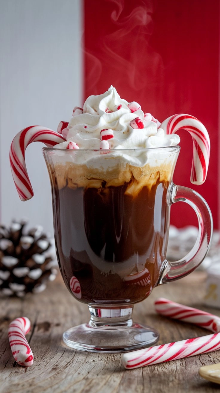 Glass mug of peppermint mocha topped with whipped cream and crushed candy canes