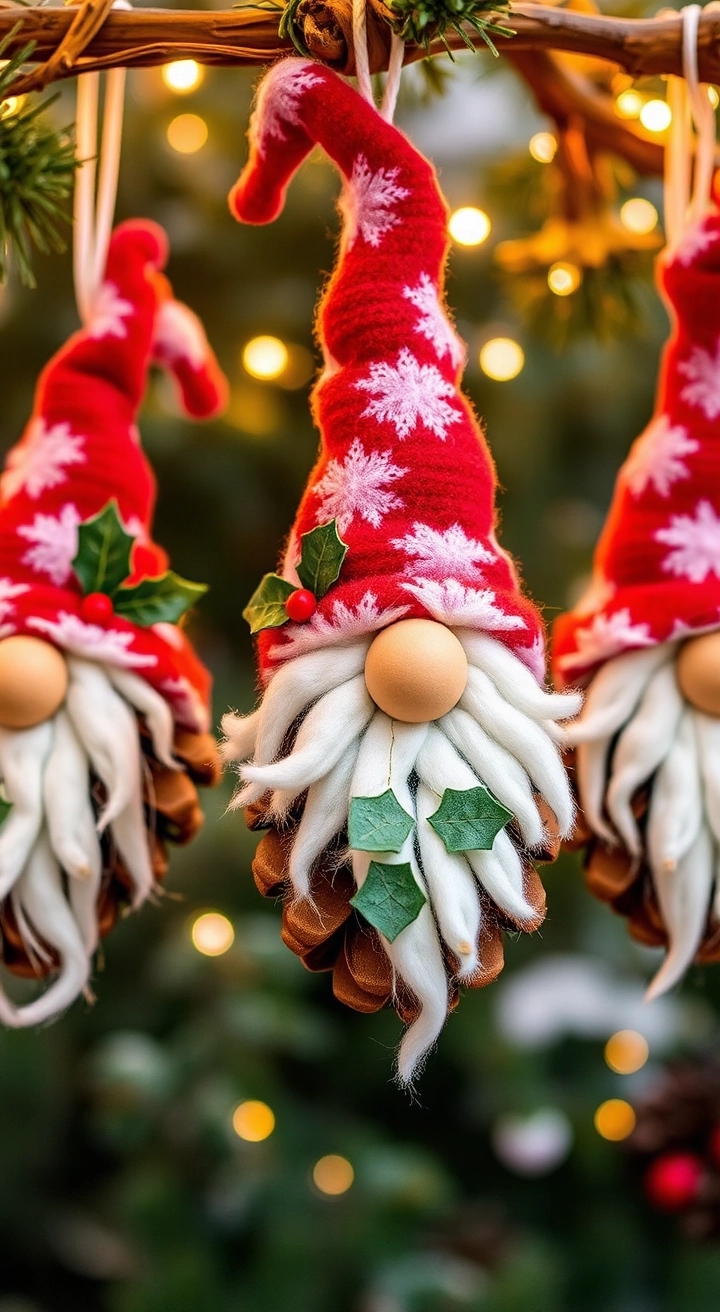 Pinecone Santa gnome ornaments with red and white hats, cotton beards, and holly accents, hanging from a rustic branch in warm festive lighting, creating a cozy holiday vibe in a natural winter setting.