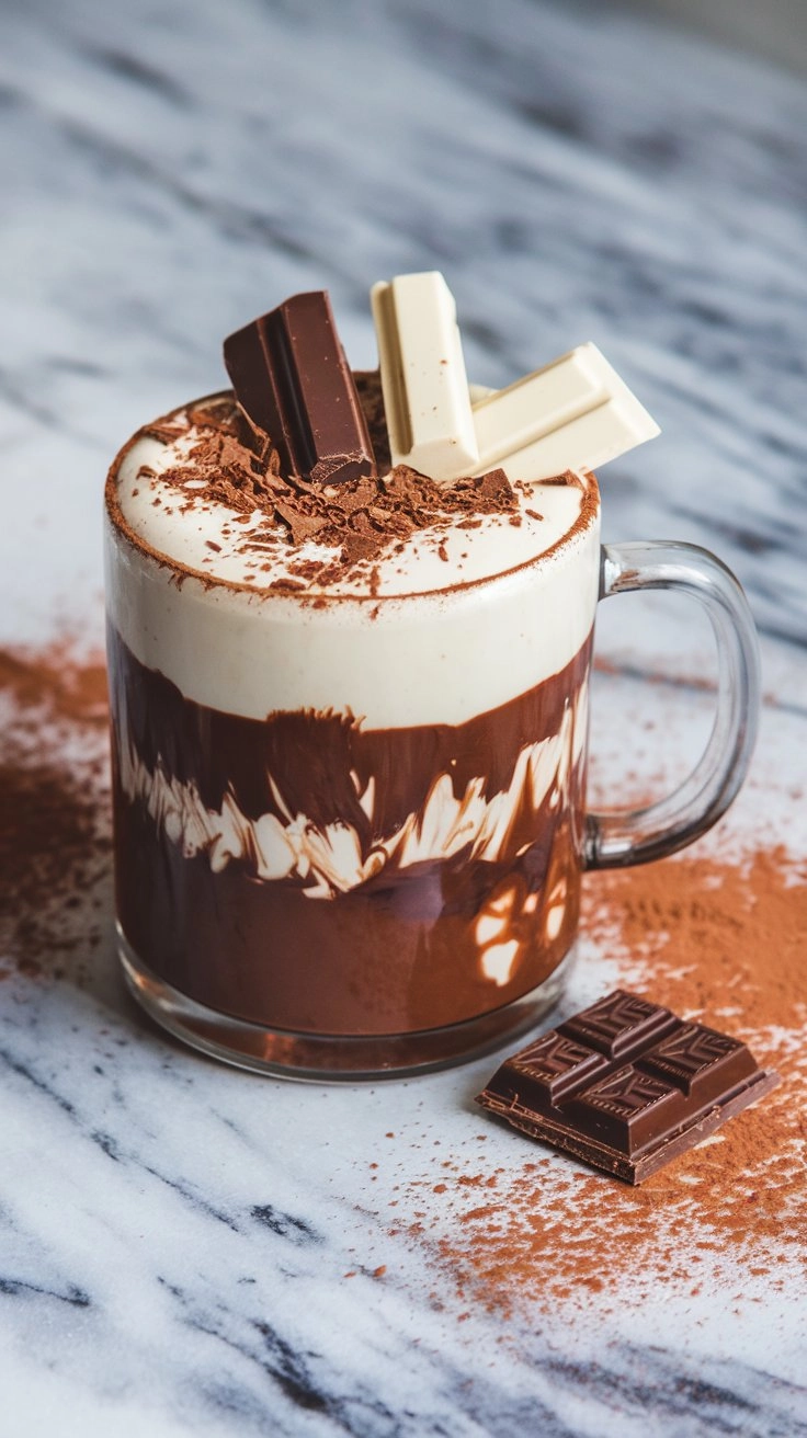 Three-layered chocolate mocha with chocolate shavings