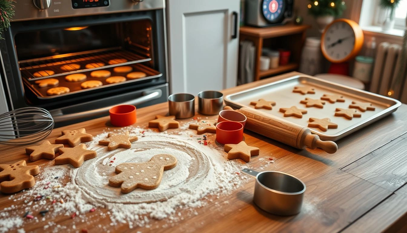 Cozy kitchen scene with gingerbread dough, cookie cutters, rolling pin, flour dust, and sprinkles on a wooden table. Partially baked cookies, baking tools, and a warm oven in the background create a festive, time-sensitive holiday baking vibe.