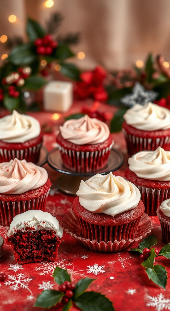 An arrangement of red velvet cupcakes on a festive table, highlighting issues like overfilling, cracked tops, and uneven frosting, alongside perfect cupcakes for comparison. Set against a cozy holiday backdrop with soft lighting, holly, and snowflake decorations.