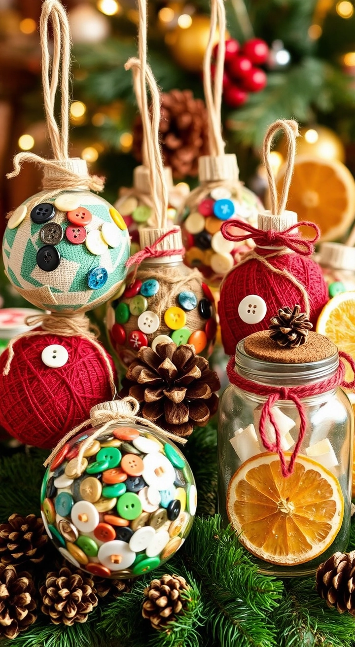 A colorful display of upcycled Christmas ornaments made from twine, buttons, fabric scraps, and glass jars, decorated with pinecones and dried orange slices, set in a warm, cozy holiday setting.