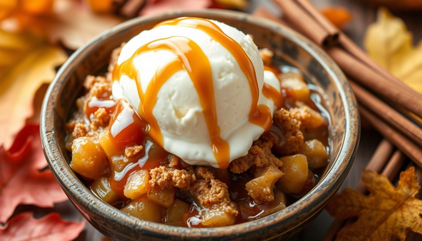 Golden-brown apple crisp in a rustic bowl with vanilla ice cream, drizzled with salted caramel, surrounded by autumn leaves and cinnamon sticks in soft natural light.