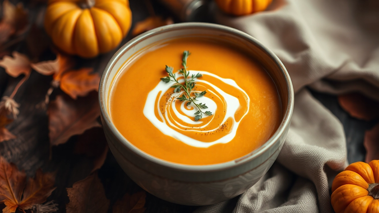 Cozy bowl of golden-orange butternut squash soup with cream swirl and herbs, surrounded by rustic bread, pumpkins, and autumn leaves, softly lit to highlight the velvety texture.