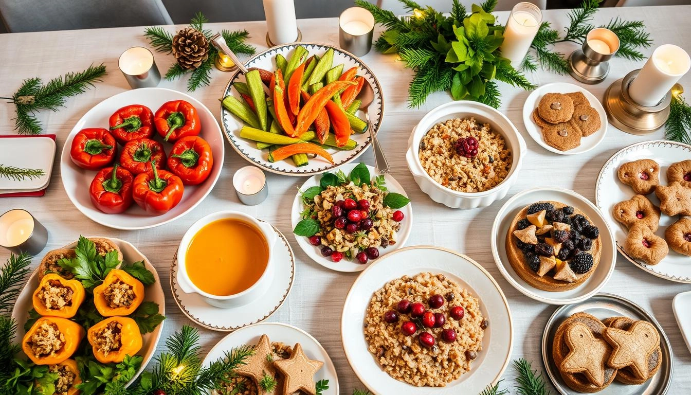 A festive vegetarian Christmas lunch table with colorful dishes, including stuffed bell peppers, roasted vegetables, creamy pumpkin soup, quinoa salad, mushroom risotto, and gingerbread cookies, adorned with holiday decorations like pine branches and fairy lights.