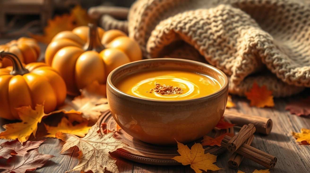 Warm bowl of creamy butternut squash soup with fall leaves, pumpkins, and cinnamon sticks, cozy knit blanket in the background, illuminated by soft golden light.