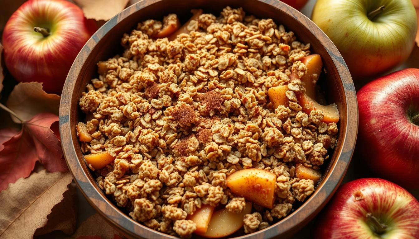 Freshly baked apple crisp in a rustic wooden dish with golden oat topping, caramelized apples, and a sprinkle of cinnamon, surrounded by autumn leaves and red and green apples in soft natural light.