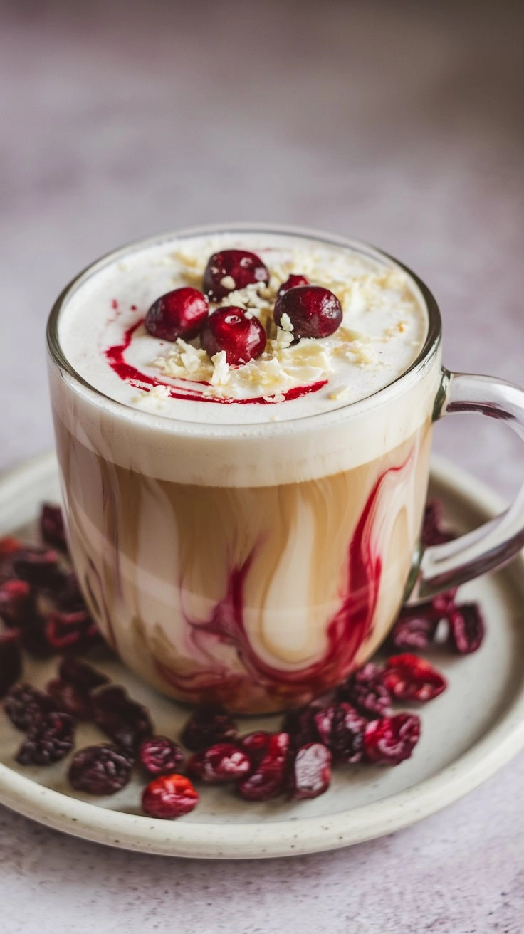 White chocolate coffee swirled with cranberry sauce