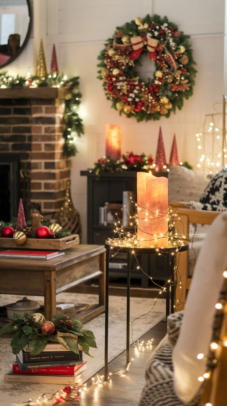 A cozy holiday living room with fairy lights on windows, vibrant wreaths with red and gold accents, garlands across shelves, and festive ornaments, creating a warm and inviting atmosphere.