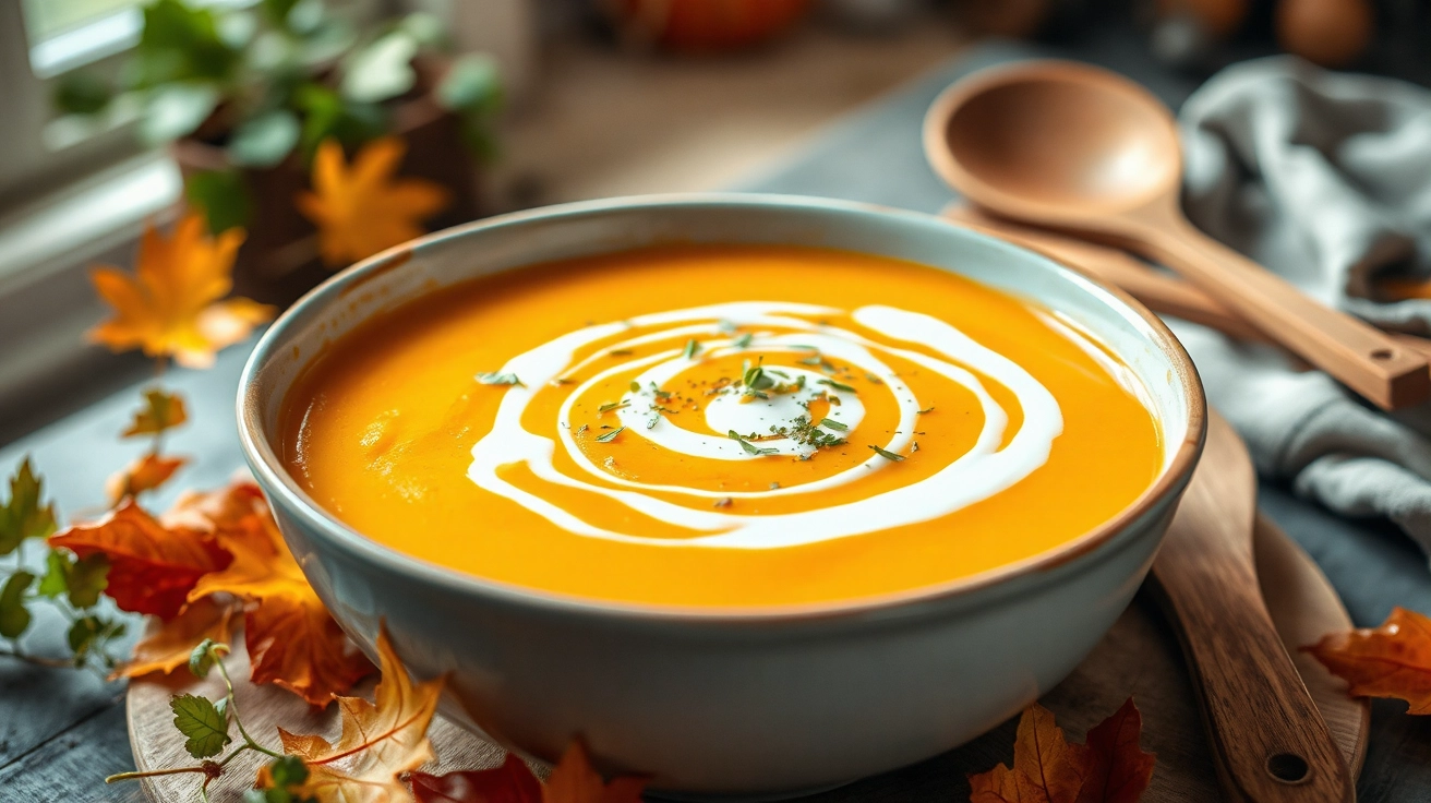 Steaming bowl of creamy butternut squash soup with a swirl of coconut cream and fresh herbs, surrounded by autumn leaves and rustic utensils, cozy kitchen in warm natural light.