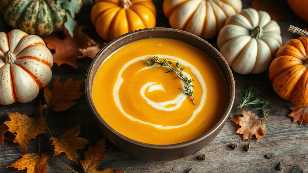 Warm bowl of creamy butternut squash soup with olive oil drizzle and fresh herbs, surrounded by autumn leaves and pumpkins on a rustic table, cozy fall lighting.