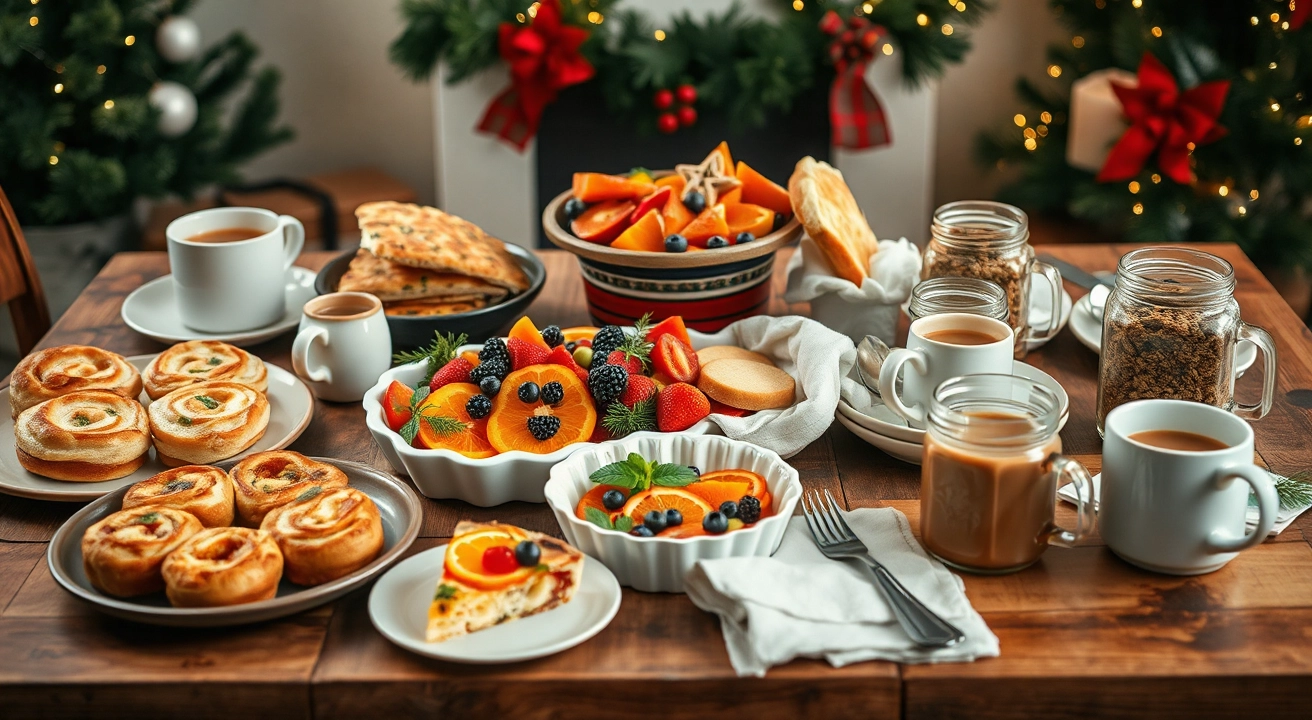 Christmas breakfast spread on a rustic table with make-ahead dishes like fluffy cinnamon rolls, vegetable quiche, a fruit platter with berries and citrus, homemade granola jars, and spiced holiday beverages, accented by twinkling lights and festive decor for a cozy holiday feel.