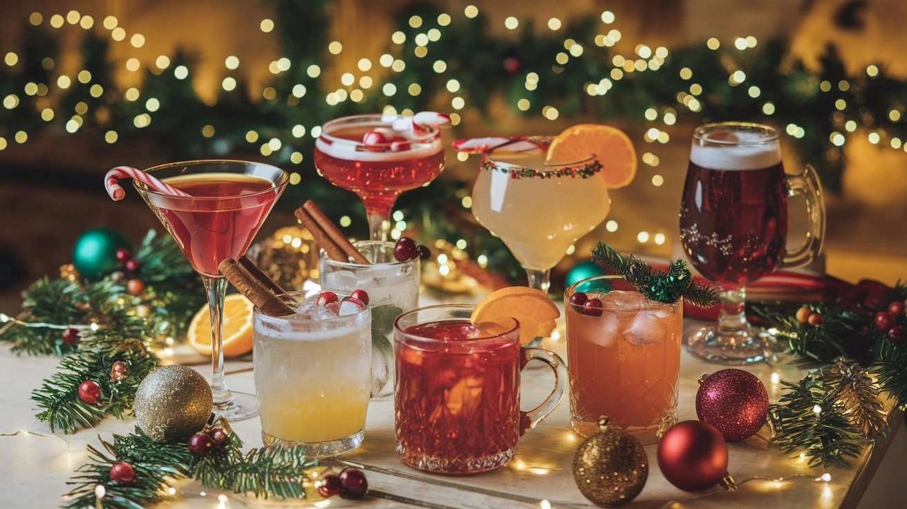 A festive holiday table filled with a variety of Christmas cocktails, including martinis, mugs, and tumblers, garnished with candy canes, cranberries, orange slices, and cinnamon sticks. The table is decorated with pine garlands, twinkling fairy lights, and shiny Christmas ornaments, set against a warm, glowing background, creating a cozy and celebratory holiday atmosphere.