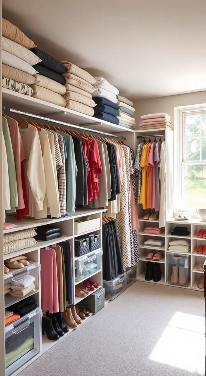 Beautifully organized closet with folded sweaters, color-coordinated hanging dresses, stacked shoes in clear boxes, and neatly displayed accessories, illuminated by natural light for a serene, inviting feel.