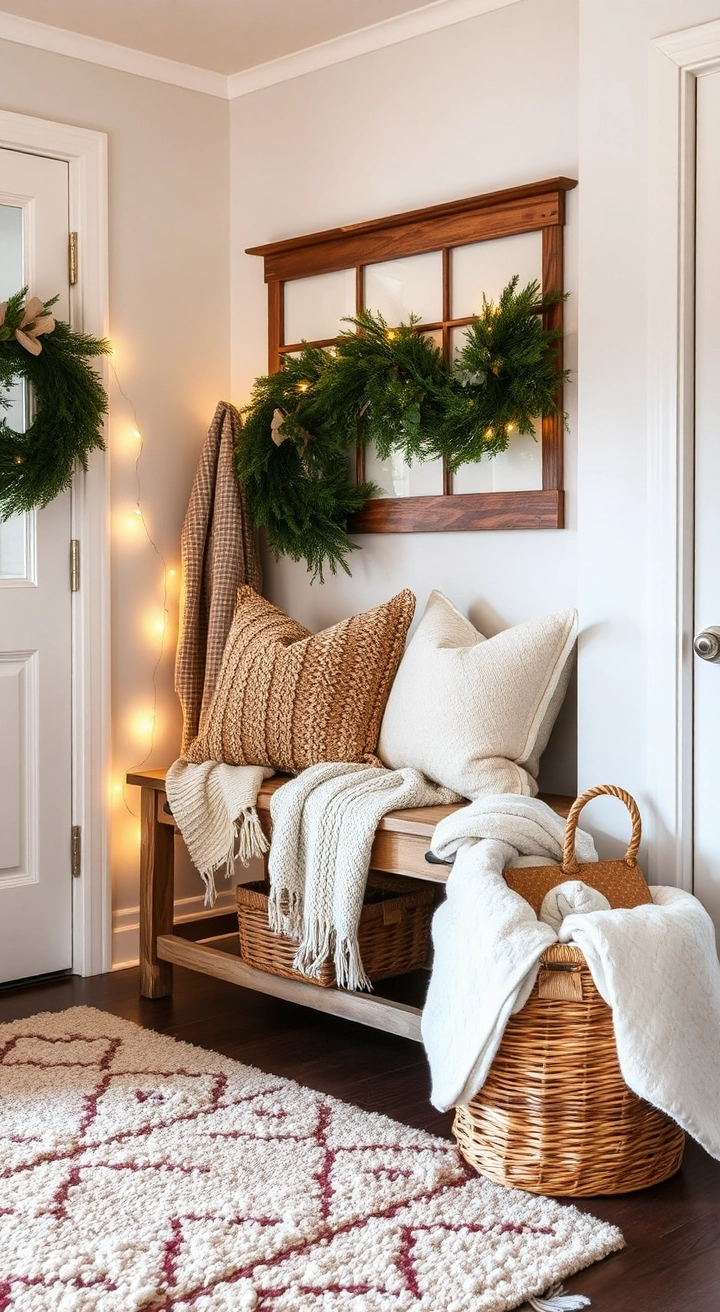 Holiday Entryway Decor featuring a cozy vibe with textured rugs, a rustic bench draped with a knitted throw, warm-toned decorative pillows, a woven basket of blankets, and twinkling fairy lights intertwined with seasonal greenery for a festive touch.