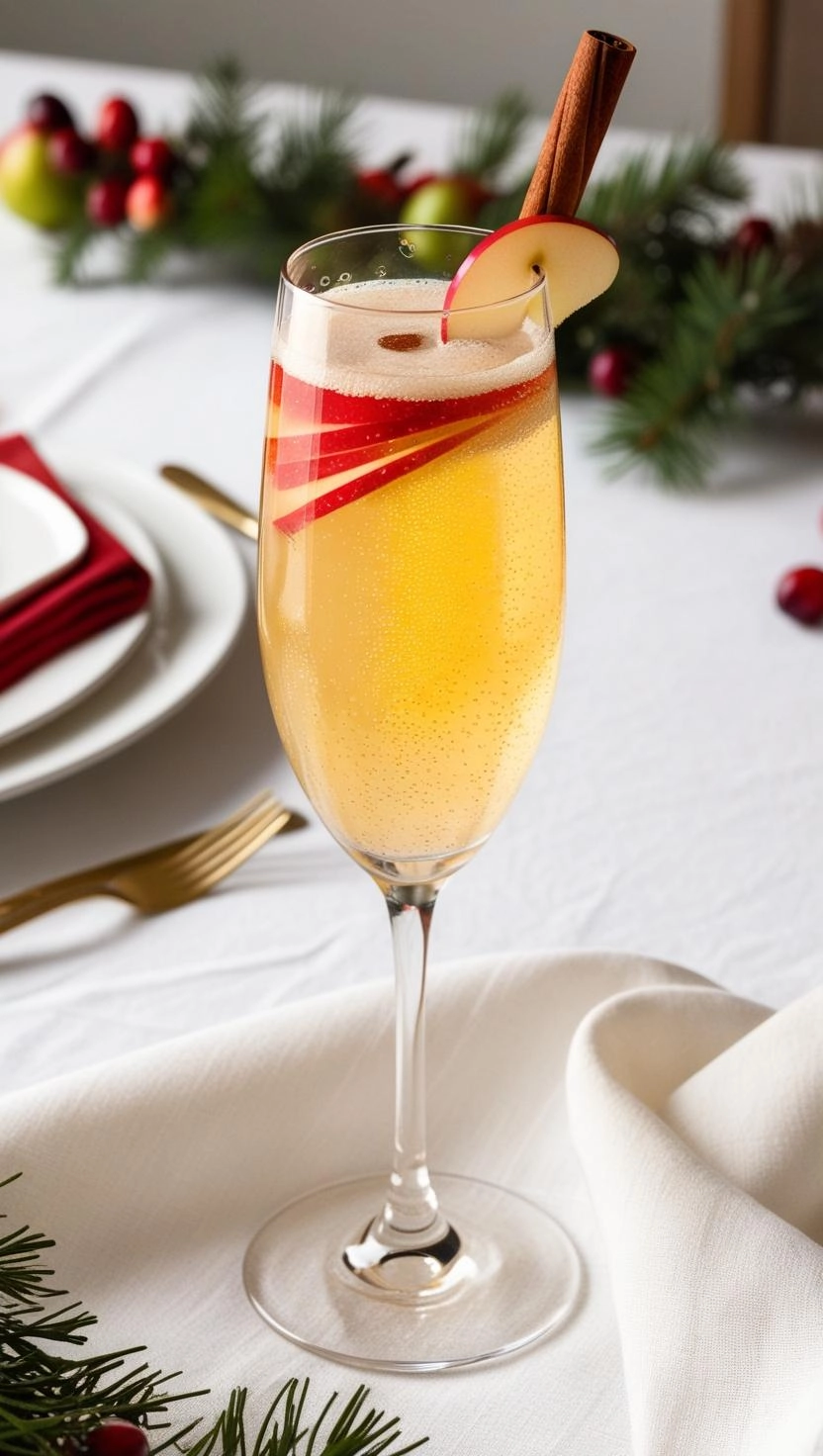 A champagne flute of golden Apple Cider Mimosa, garnished with an apple slice and cinnamon stick, on a holiday brunch table.