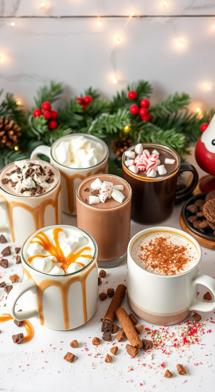 A cozy hot chocolate station with a variety of options: classic milk chocolate with whipped cream and chocolate shavings, rich dark chocolate with marshmallows, peppermint hot chocolate with crushed candy canes, and white chocolate with cinnamon. Presented in festive mugs, surrounded by caramel drizzle, crushed cookies, and colorful sprinkles, set against a cheerful Christmas backdrop with twinkling lights and pine decorations.