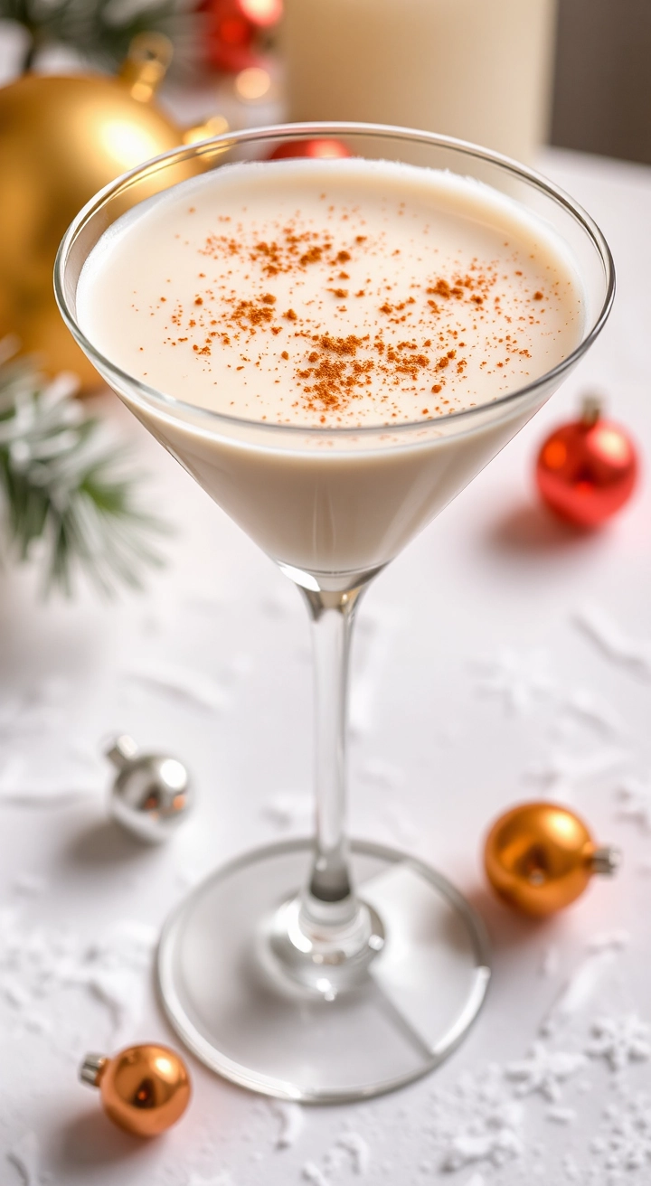 A creamy glass of Bourbon Spiced Eggnog with a sprinkle of nutmeg, surrounded by Christmas cookies and decor.