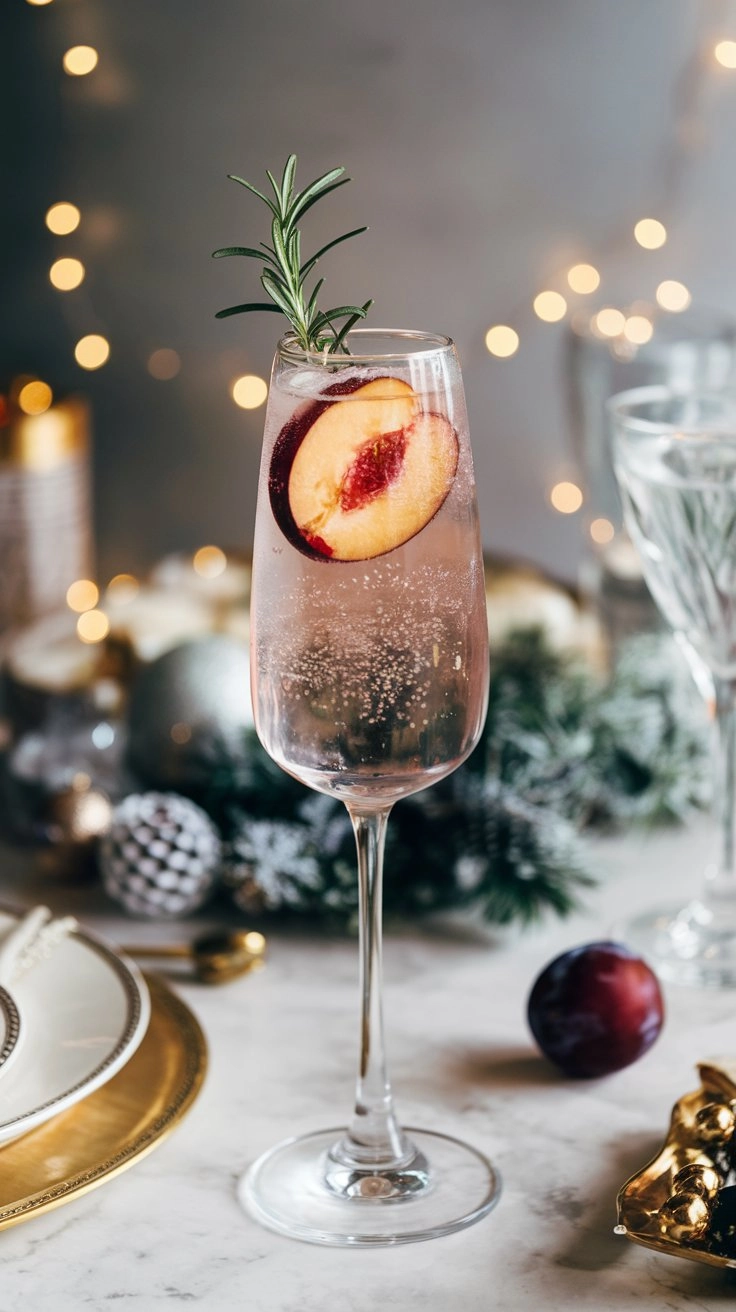 A champagne flute of light pink Plum Prosecco Spritz, garnished with a plum slice and rosemary sprig, on an elegant table.