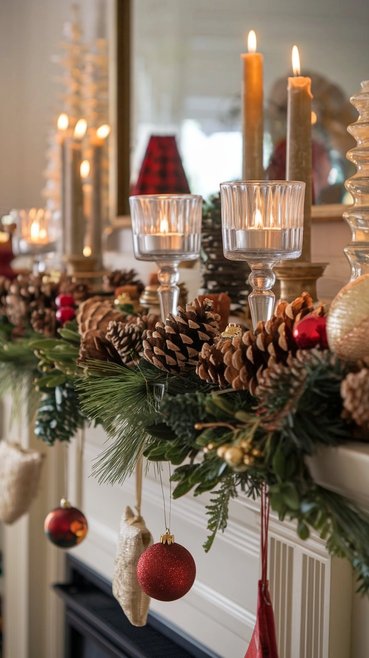 Beautifully decorated Christmas mantel with pinecone garlands, tealight candle holders, DIY ornaments, and a warm red and gold color palette, set against a cozy fireplace, creating a festive and budget-friendly atmosphere.