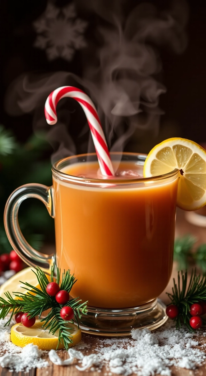  A warm mug of Candy Cane Hot Toddy with steam rising, a candy cane stirrer, and a lemon slice garnish.