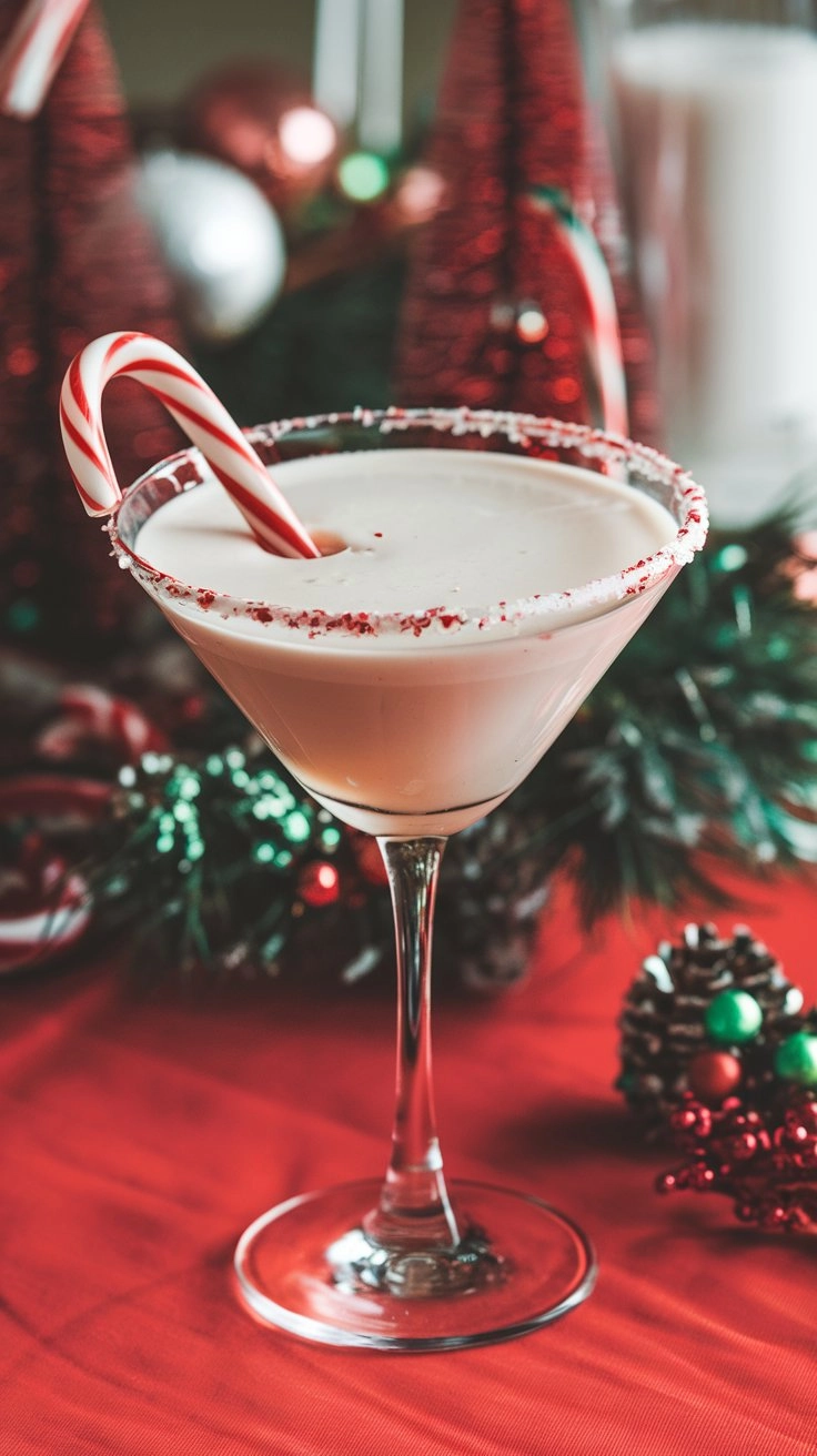 A creamy Candy Cane Martini in a martini glass, rimmed with crushed candy canes and garnished with a candy cane, against a festive backdrop.