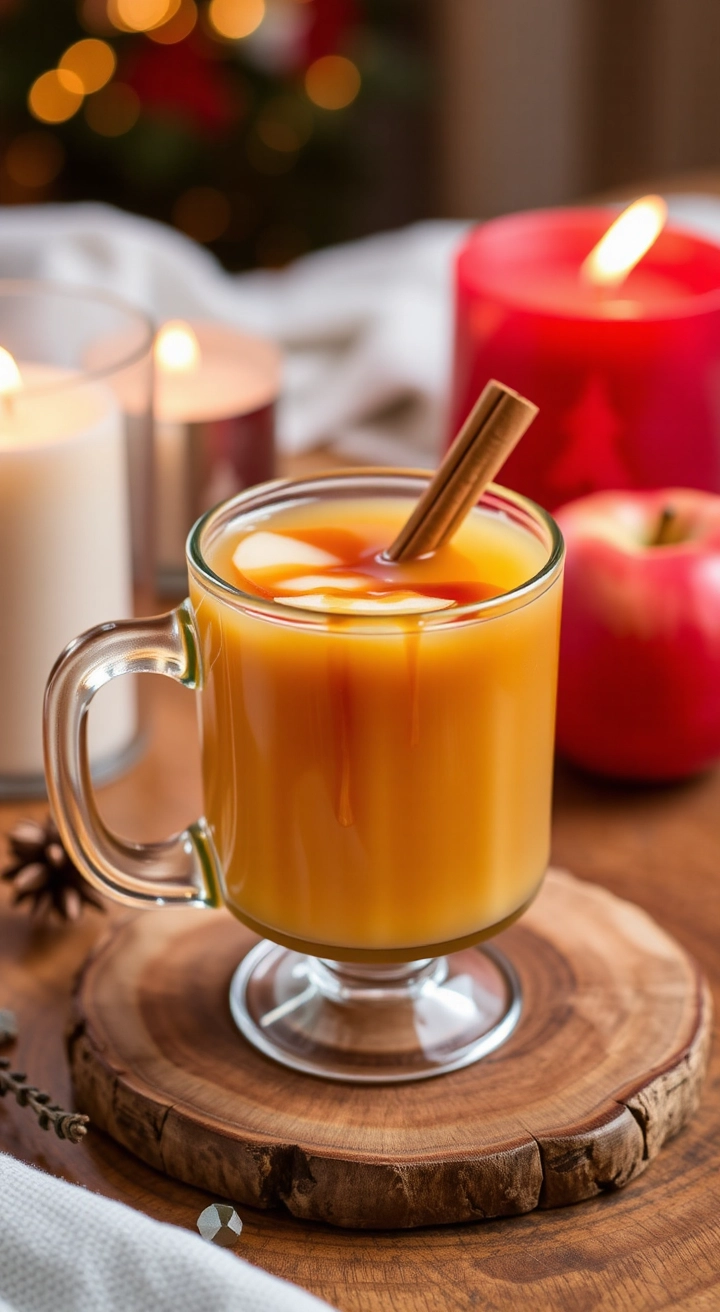 A clear mug of Caramel Apple Cider Cocktail, golden with a cinnamon stick and caramel drizzle garnish, on a cozy table.