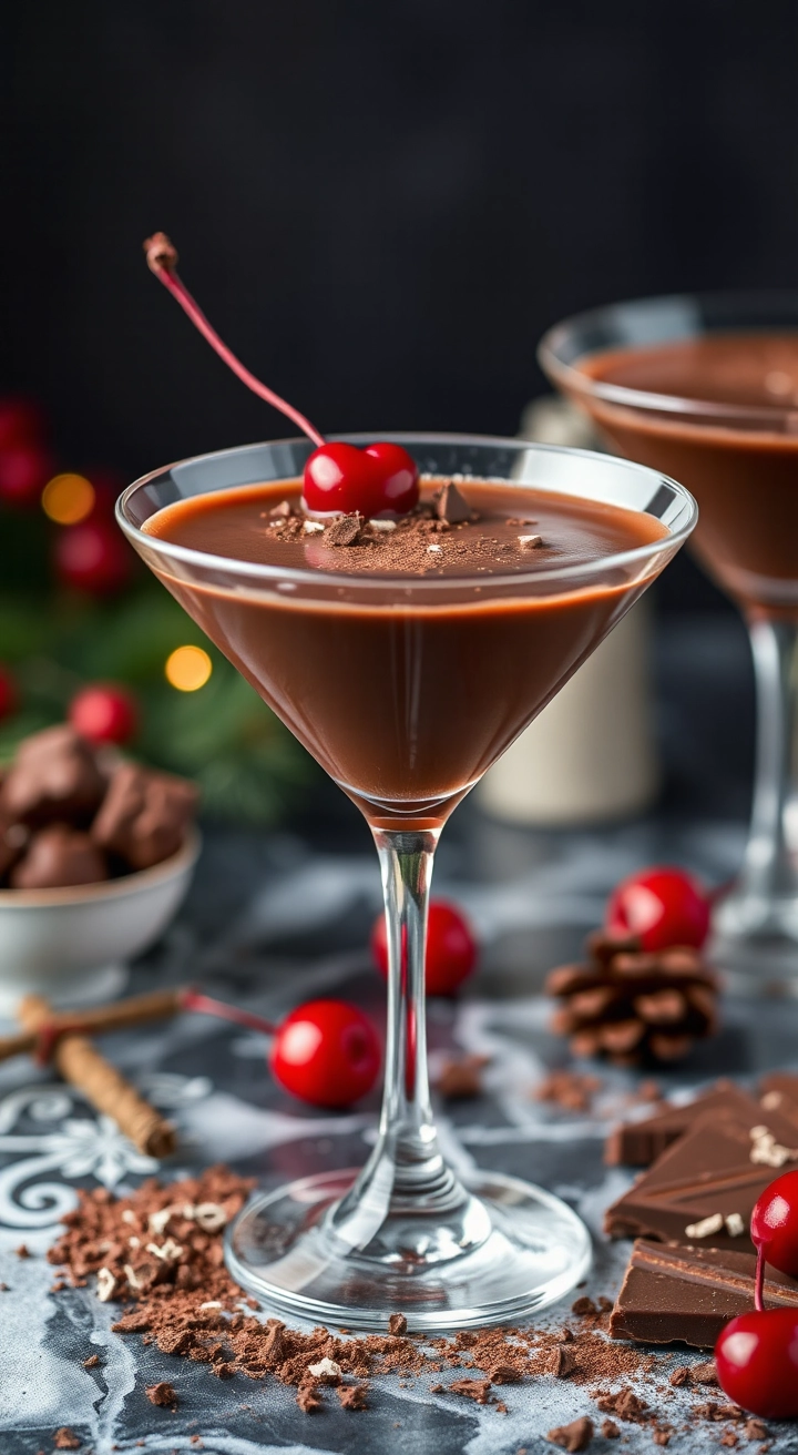 A martini glass of Chocolate Cherry Martini, rich brown with a cherry and chocolate shavings garnish, on a dessert table.