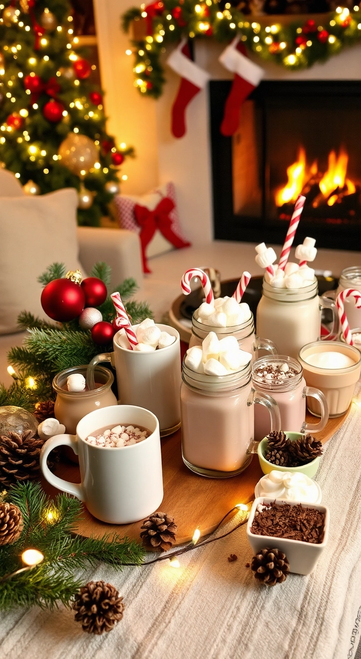 Cozy Christmas hot chocolate station with a festive table, hot cocoa mugs, jars of marshmallows, peppermint sticks, whipped cream, and chocolate shavings. Surrounded by twinkling fairy lights, pine cones, and a crackling fireplace for a warm, inviting atmosphere.