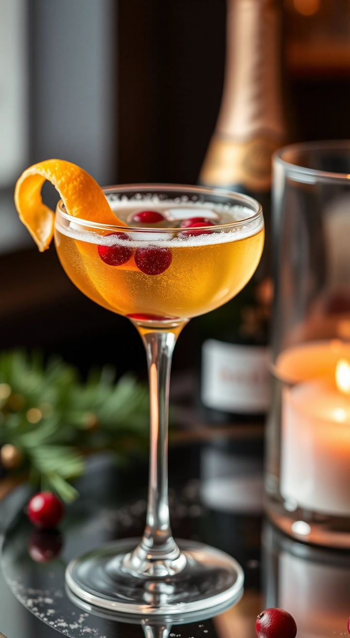 A champagne flute of golden Christmas Champagne Cocktail with a splash of cranberry juice and orange peel garnish, on a festive table.