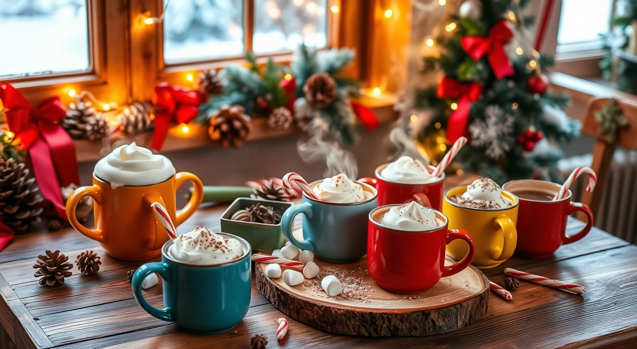 Cozy Christmas hot chocolate station with colorful mugs, steaming cups topped with whipped cream, marshmallows, and peppermint sticks. Fairy lights, pinecones, and holly add festive touches, with a snowy winter scene outside.