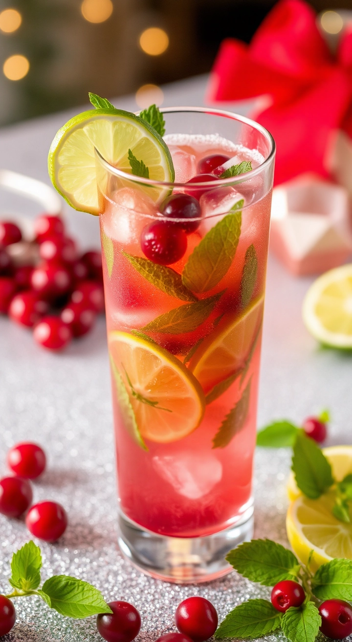 A sparkling Christmas Mojito in a tall glass with cranberry juice, mint leaves, and lime slices, on a glittery table.