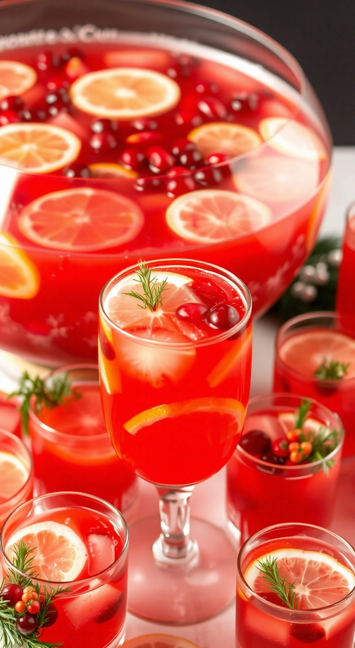 A punch bowl filled with bright Christmas Punch, garnished with orange slices and cranberries, with matching glasses nearby.