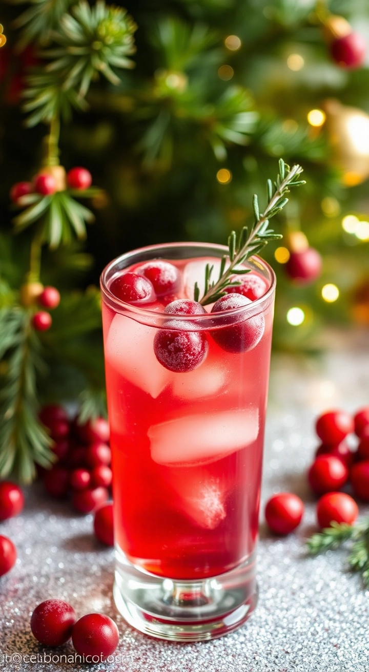 A tall glass of Cinnamon Cranberry Spritz, bright red with sugared cranberries and thyme, against a festive holiday background.