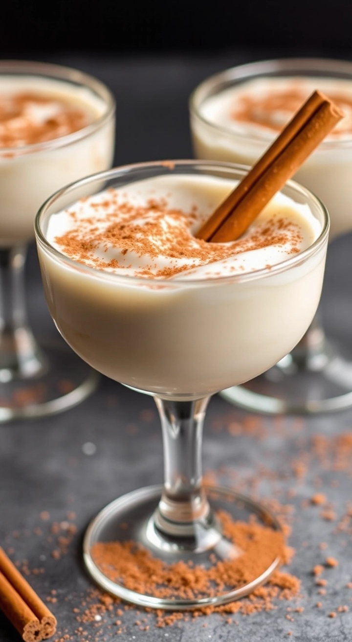 A creamy Cinnamon Roll Cocktail in a short glass, topped with cinnamon sugar and a cinnamon stick garnish, sitting on a dessert table.