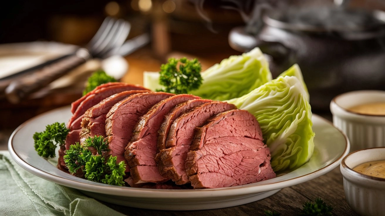 A beautifully plated dish of tender, sliced corned beef with vibrant green cabbage wedges, garnished with fresh parsley, set on a rustic wooden table with a steaming pot and creamy mustard sauce in the background.